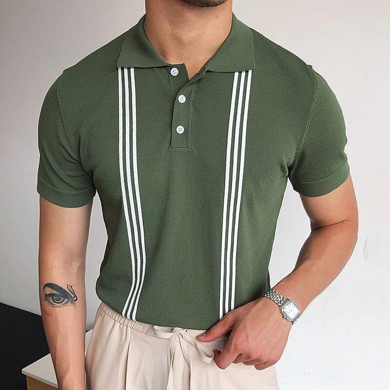 Men's Knit Polo Sweater Polo Shirt Outdoor Street Turndown Button Short Sleeve Fashion Classic Striped Button Front Summer Spring Fall Regular Fit Black White Light Green Green Apricot Gray Knit Polo4