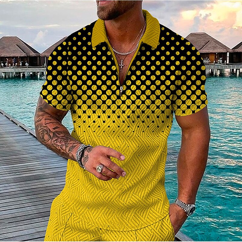 Men's Geometric Hawaiian Polo Shirts Golf Shirt Short Sleeve Polo Shirts Collared Shirts Casual Beach Wear Vacation Wear Party Outfits 3D Print Quarter Zip Polo Yellow Pink Blue