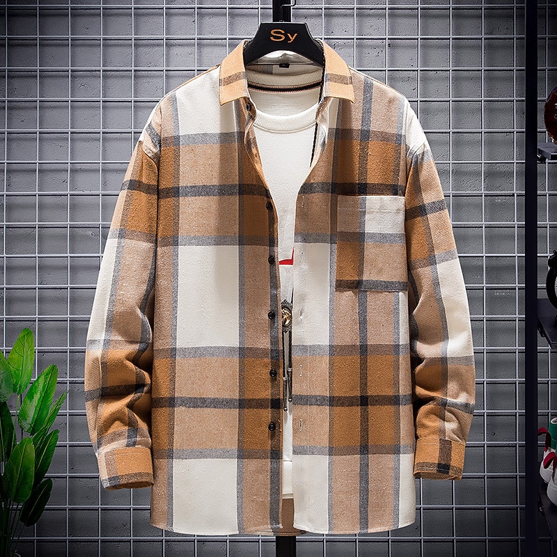 Men's Plaid Shirt Flannel Shirt Plaid Shirt Overshirt Long Sleeve Shirt Collar Outdoor Street Light Yellow Red Blue Green Print Button-Down Clothing Apparel Fashion Designer Casual Comfortable3