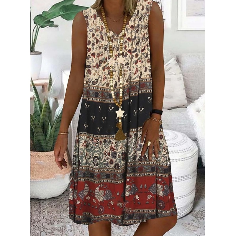 Women's Mini Dress Casual Dress Petite Dress A Line Dress Slip Dress Bohemia Vintage Fashion Vacation Party Casual Regular Fit Floral Color Block Ditsy Floral Sleeveless V Neck Yellow