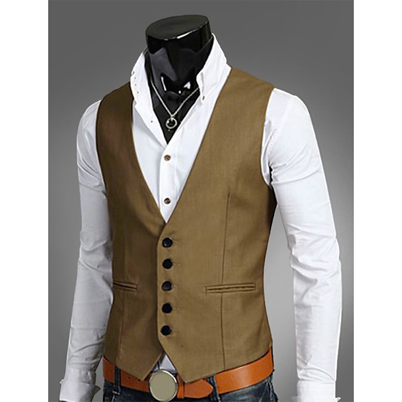 Men's Vest Waistcoat Wedding Work 1920s Smart Casual Polyester Solid Colored Slim Black Navy Blue Brown Vest4