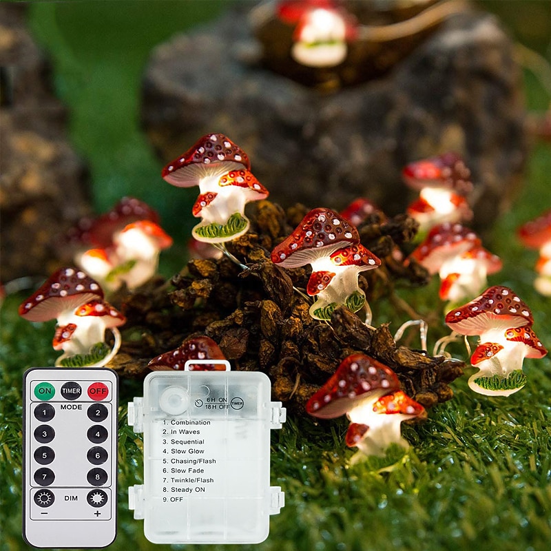 Mushroom String Light 3m 30LED with Remote Control 8 Modes Battery Powered Fairy Lights Decorfor Home Garden Terrace Christmas Wedding Party Indoor Outdoor Patio Fence Decoration Lights
