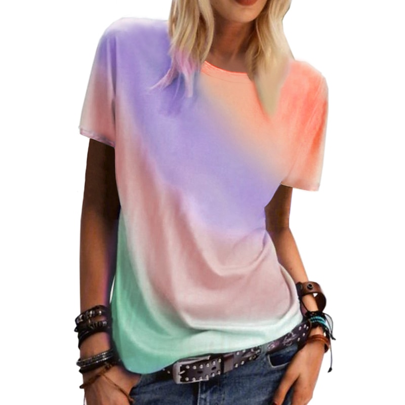 Women's clothing rainbow gradient printing casual top round neck short sleeve loose t-shirt4