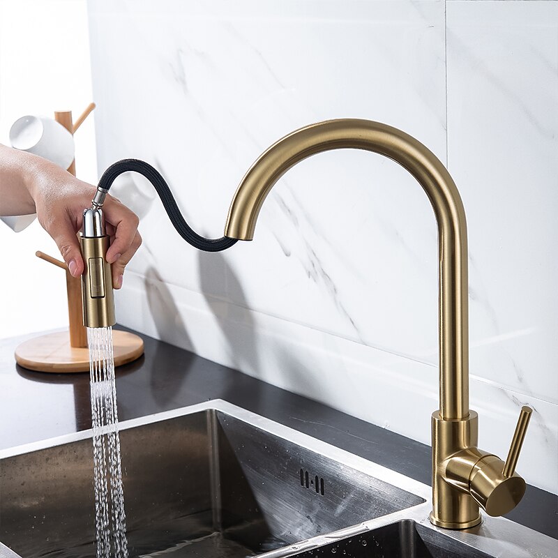 Kitchen Faucet with Pull-out Spray,Single Handle One Hole 2-modes Brass Kitchen Taps2
