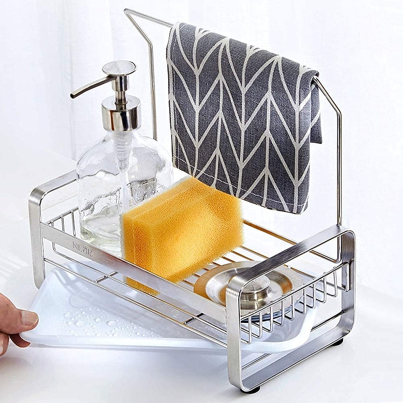 Stainless Steel Sponge Holder with Dishcloth Drying Rack Kitchen Sink Organizer Caddy Tray Sponge Brush Soap Holder Set with Removable Drain Tray for Kitchen3