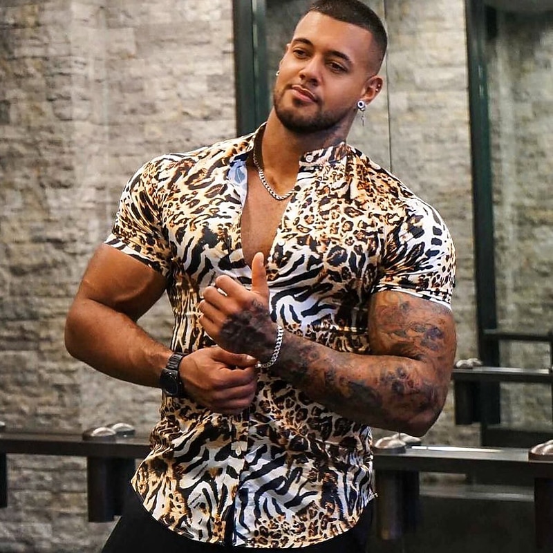 Men's Leopard Shirt Button Up Shirt Short Sleeve Elegant Designer Casual Outdoor Casual Daily Spring, Fall, Winter, Summer Turndown Print Red Purple Gold Green