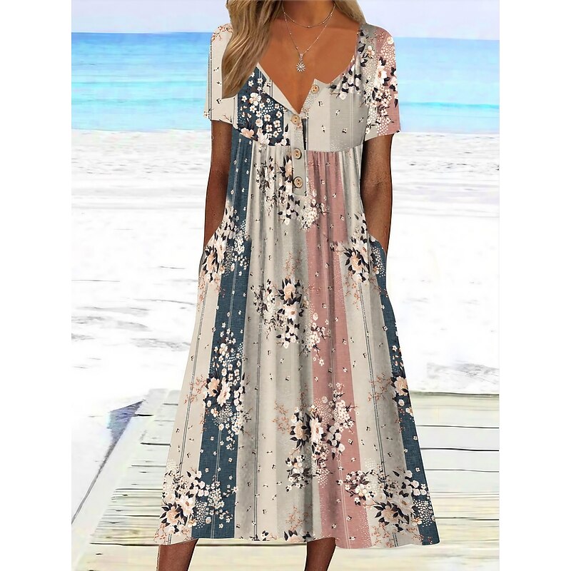 Women's Casual Dress Floral Color Block Ruched Print V Neck Midi Dress Sexy Casual Daily Short Sleeve Summer Spring