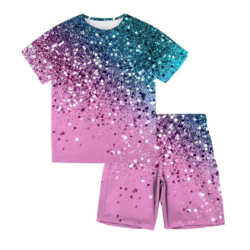 Girls' 3D Gradient Ramp T-shirt & Shorts Clothing Set Short Sleeve Summer Spring Active Fashion Cute Polyester Kids 3-13 Years Outdoor Street Sports Regular Fit