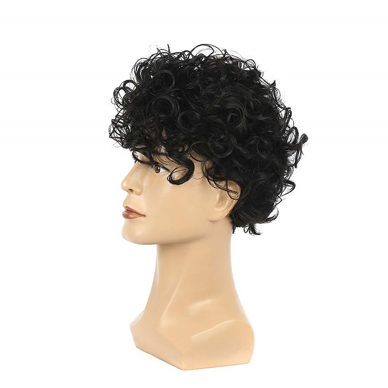 Short Curly Mens Black Wig Fluffy Synthetic Cosplay Halloween Hair Wig for Men4