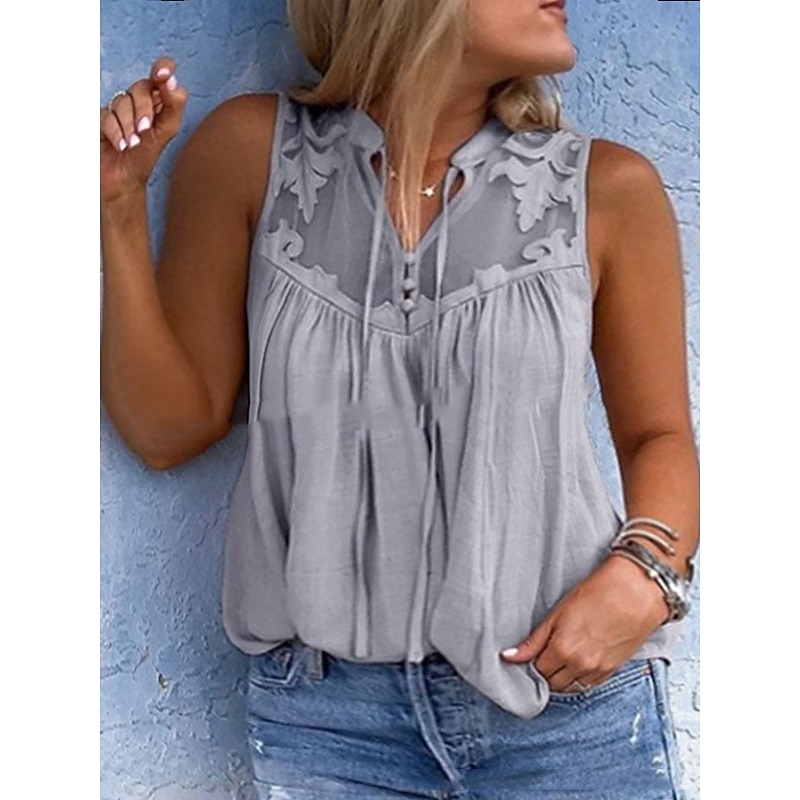 Women's Plus Size Lace Shirt Going Out Tops Blouse Concert Tops Streetwear Sexy Mesh Sleeveless Regular Tops V Neck Vacation Daily Back to School Pink Light Blue Gray Summer Spring2