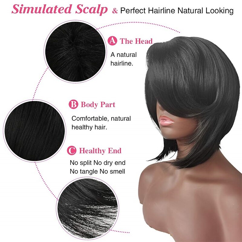Short Cut Bob Synthetic Wigs for Women Heat Resistant Costume African American Wigs with Side Bangs Natural Black Full Wigs Look Real4