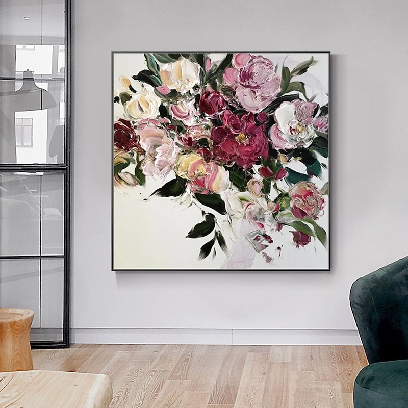 Oil Painting Hand Painted Square Still Life Floral / Botanical Modern Stretched Canvas