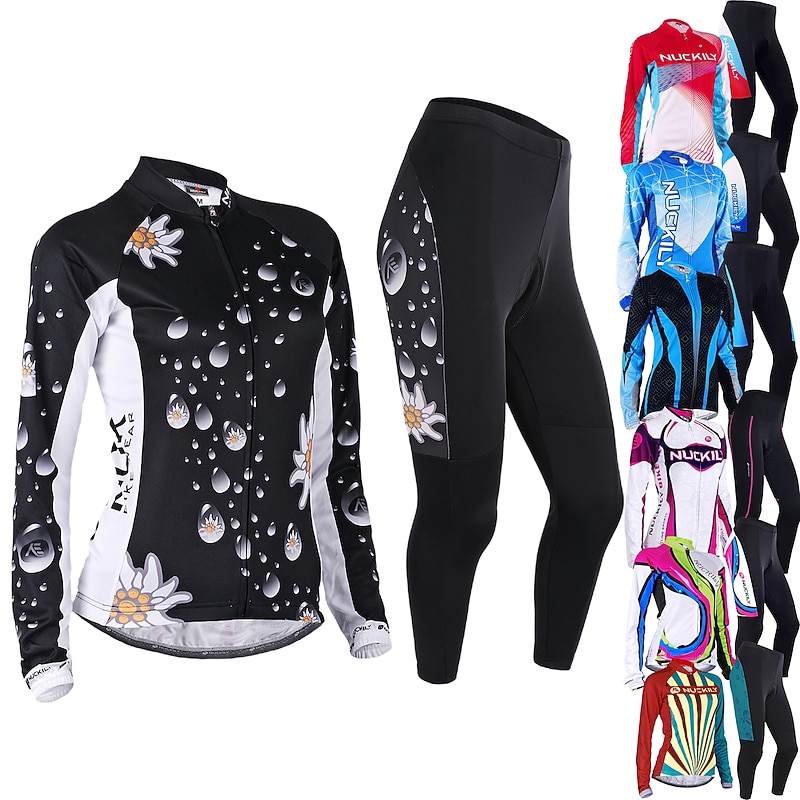 Nuckily Women's Long Sleeve Cycling Jersey with Tights Summer Black Floral Botanical Bike Clothing Suit Windproof Breathable Anatomic Design Reflective Strips Back Pocket Sports Polyester Lycra Floral 29