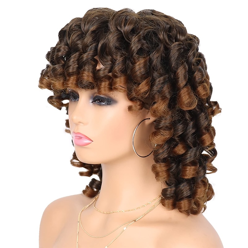 Wig Short Afro Curly Wigs for Black Women Dark Brown Curly Wig with Bangs Fluffy Shoulder Length Wigs Heat Resistant Synthetic Colorful Wigs for Daily Party Use2