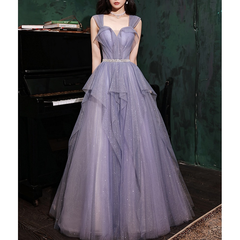 A-Line Prom Dresses Sparkle & Shine Dress Wedding Guest Birthday Floor Length Sleeveless Off Shoulder Tulle with Sequin  dress to impress3