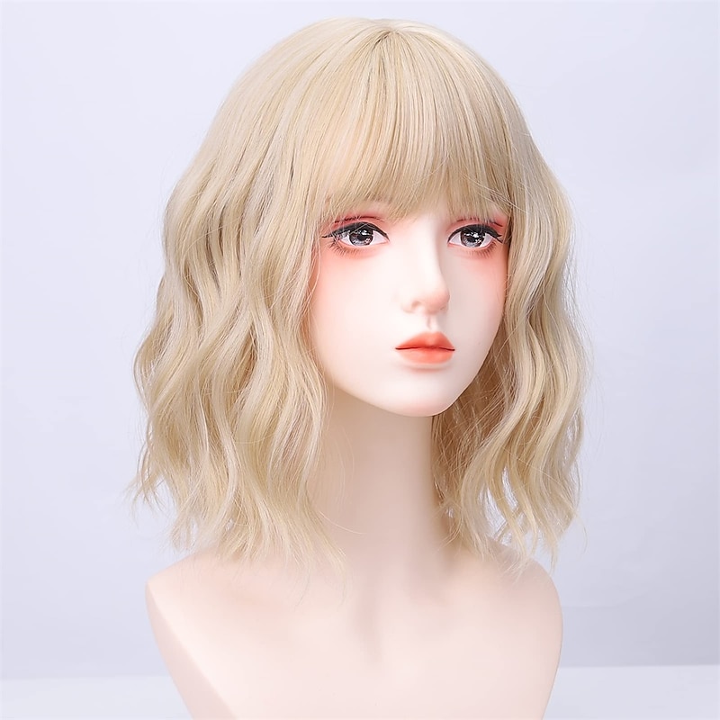 Blonde Bob Wig Short Blonde Bob Wigs for Women Curly Hair Wig with Bangs2