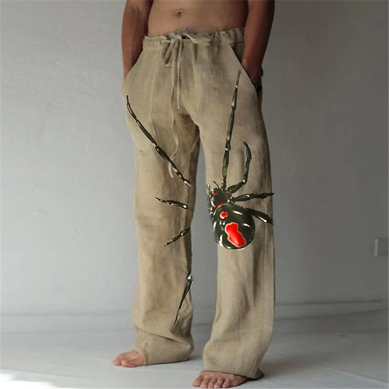 Men's Trousers Summer Pants Beach Pants Straight Elastic Drawstring Design Front Pocket Straight Leg Spider Graphic Prints Comfort Soft Casual Daily Fashion Big and Tall White Green3