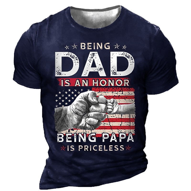 Men's Graphic T-Shirt: 'Being Dad Is An Honor Being Papa Is Priceless' American Flag Fist Bump Design, Short Sleeve3