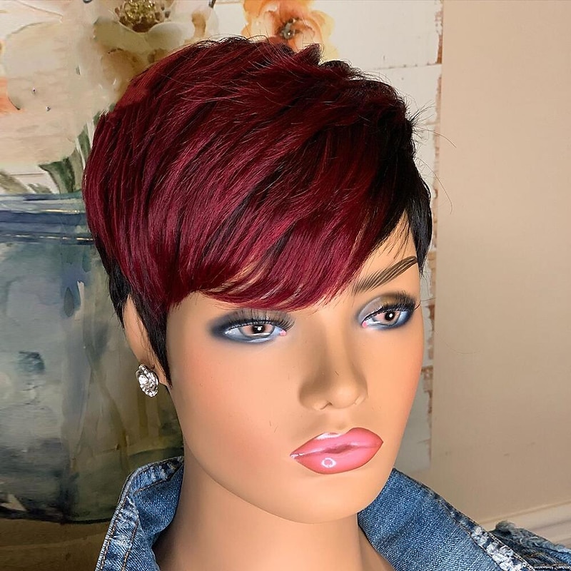 Red Burgundy 99J Ombre Color Short Wavy Bob Pixie Cut Wigs Full Machine Made Non Lace Human Hair Wigs With Bangs For Black Women 1b99j