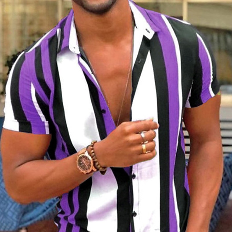 Men's Striped Geometric Pattern Shirt Bowling Shirt Button Up Shirt Short Sleeve Fashion Designer Casual Outdoor Casual Daily Spring & Summer Turndown Button-Down Pink Blue Purple Blue-White3