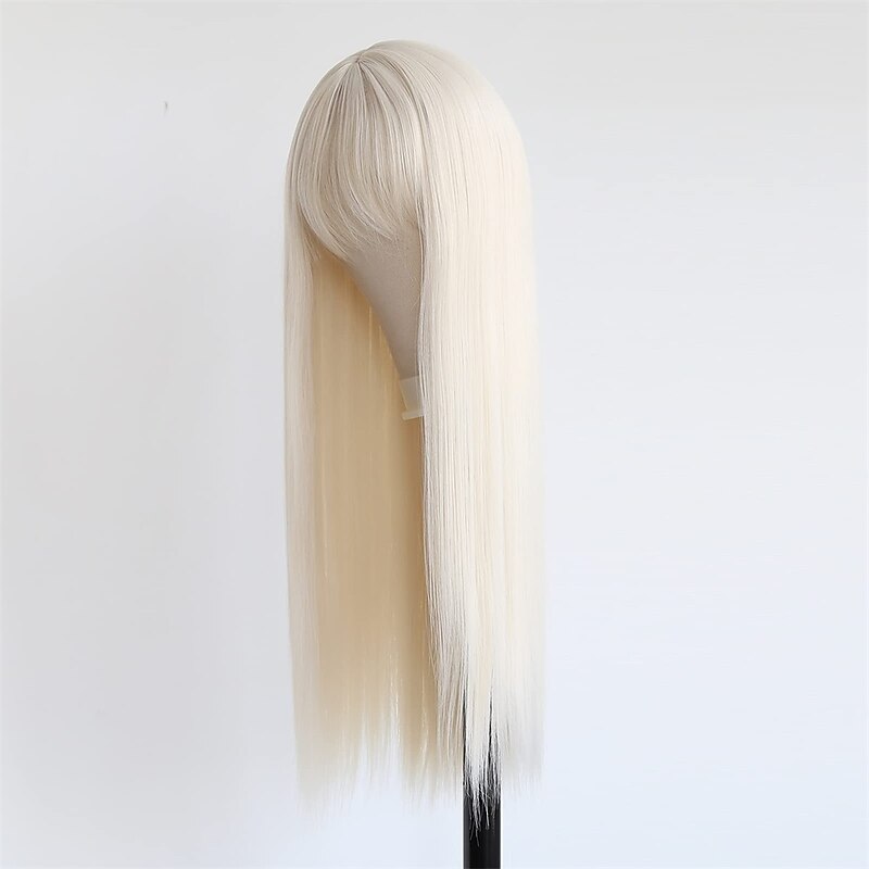 Long Straight Platinum Blonde with Bangs Synthetic None Lace Front Wig for Women Natural Long Straight Middle Part #60 Color Machine Made Cosplay Daily Wear Wig barbiecore Wigs3