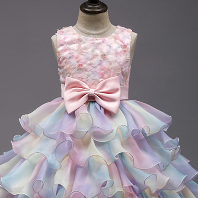 Kids Little Girls' Dress Flower Tulle Dress Party Mesh Bow Pink Light Blue Midi Sleeveless Elegant Princess Dresses Spring Summer Slim 3-10 Years3