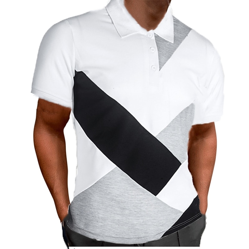 Men's Polo Shirt Golf Shirt Outdoor Work Polo Collar Classic Short Sleeve Casual Patchwork Button Front Summer Spring &  Fall Regular Fit Black White Gray Polo Shirt3
