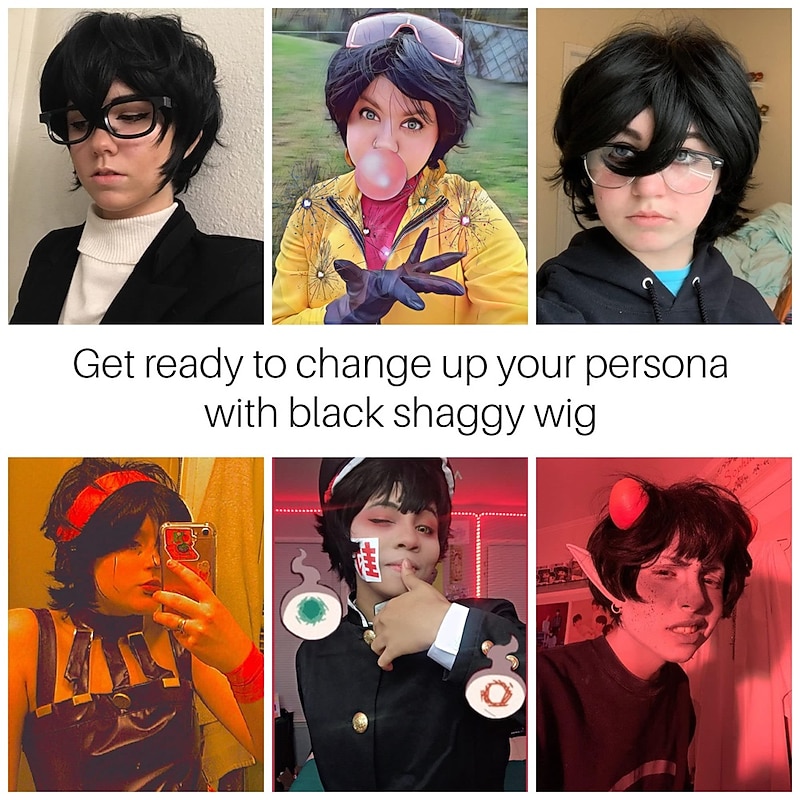 Short Black Emo Cosplay Wig Black male wig Men Women Layered Anime Halloween Wig3