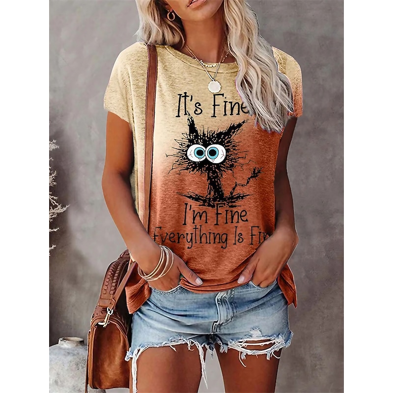 Women's T shirt Tee Purple Brown Gray Cat Letter Patchwork Print Short Sleeve Casual Daily Basic Round Neck Regular I'm Fine Everything Is Fine S