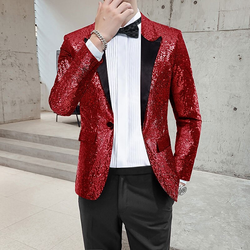 Men's Blazer Jacket Blazer Peaked Lapel Streetwear Party Sparkle Sequin Black Silver Blue Regular Fit4