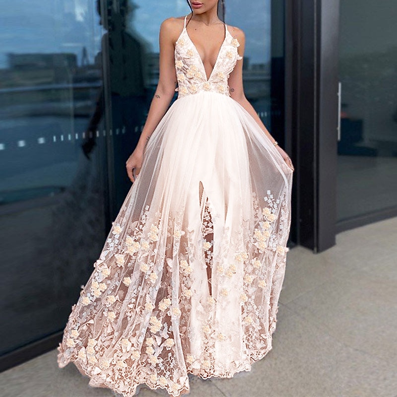 A-Line Evening Gown Floral Dress Wedding Guest Homecoming Floor Length Short Sleeve V Neck Tulle with Draping Appliques