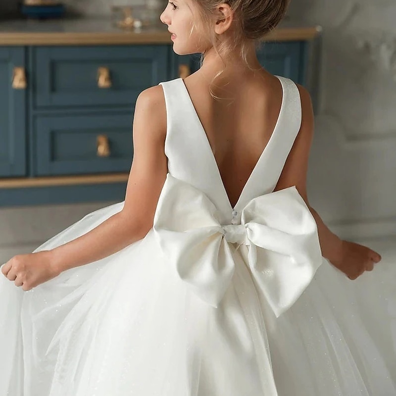 Kids Girls' Dress Solid Colored Sleeveless Performance Wedding Party Mesh Backless Bow Elegant Princess Sweet Cotton Tulle Asymmetrical A Line Dress Summer Spring Fall 3-12 Years White4
