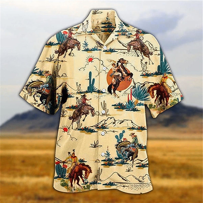 Kentucky Derby Men's Cowboy Shirt Summer Hawaiian Shirt Aloha Shirt Short Sleeve Shirt Turndown Vintage Hawaiian Designer Outdoor Street Casual White Yellow Pink 3D Print S M L
