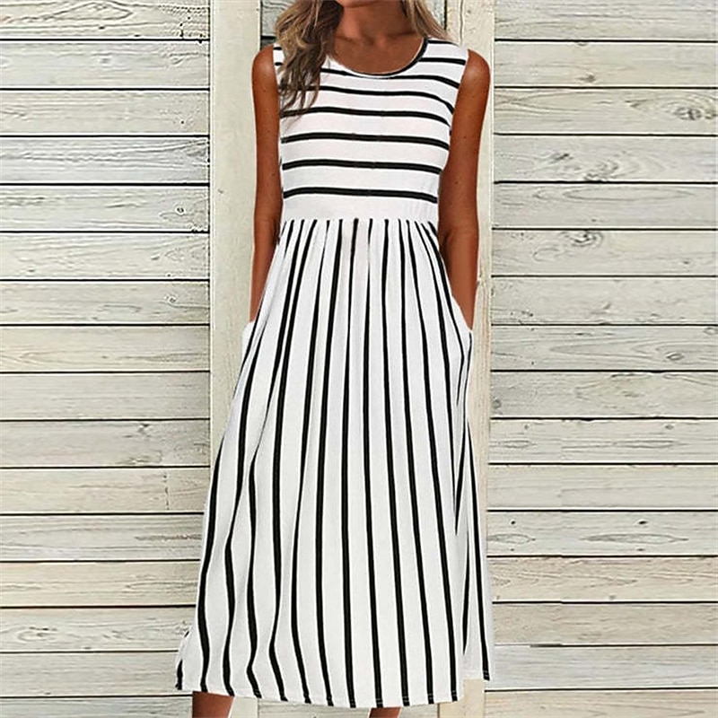 Women's Midi Dress Casual Dress Casual Outdoor Daily Holiday Loose Fit Striped Sleeveless Crew Neck Black White Summer Spring4