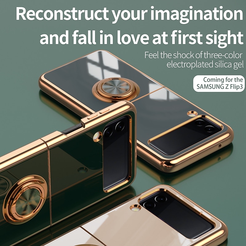 Phone Case For Samsung Galaxy Z Flip 7 Z Flip 6 Z Flip 5 Z Flip 4 Z Flip 3 Back Cover Plating Ring Holder Magnetic Solid Colored TPU4