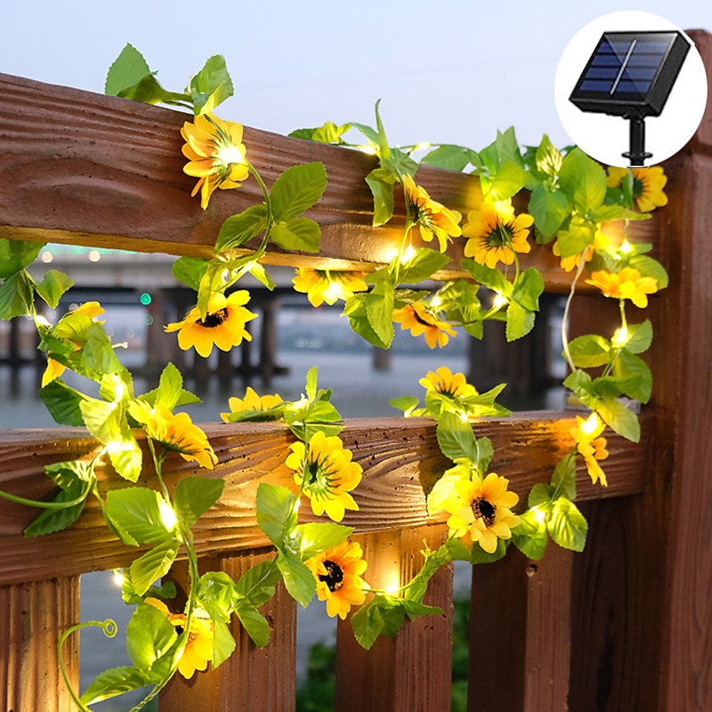 Solar Sunflower Rose LED Fairy String Lights Leaf Rattan Garland Outdoor Lights Waterproof 2.5m 30leds Valentines Wedding Party Holiday Garden Patio Home Indoor Outdoor Decoration4