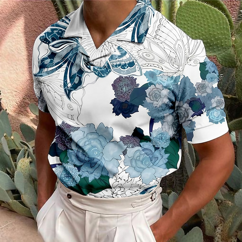 Men's Floral Polo Shirts Hawaiian Polo Shirts Golf Shirt Short Sleeve Shirt Turndown Casual Daily 3D Print Blue Purple Brown Green Print Button-Down Clothing Apparel Fashion Designer Casual Breathable - Main Image