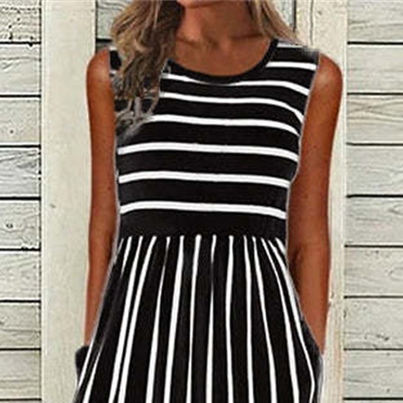 Women's Midi Dress Casual Dress Casual Outdoor Daily Holiday Loose Fit Striped Sleeveless Crew Neck Black White Summer Spring2