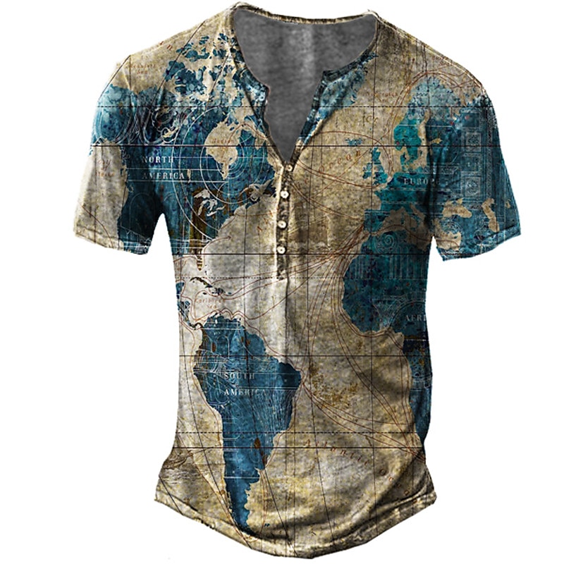 Men's Graphic Map T Shirt Vintage Shirt Henley Shirt Short Sleeve 3D Print Designer Basic Casual Outdoor Daily Sports Summer Blue Purple Green Khaki Henley Henley T-Shirt