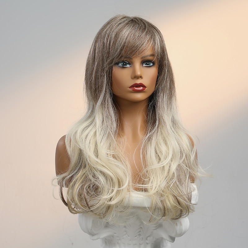 Human Hair Blend Wig Very Long Body Wave Side Part Layered Haircut Asymmetrical With Bangs Blonde Cosplay Curler & straightener Natural Hairline Capless Brazilian Hair Women's All Golden Brown / Ash3
