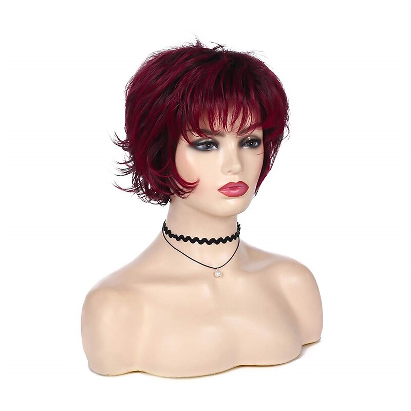 Wine Red Wig Short Layered Pixie Cut Hair Wigs for Women Synthetic Cosplay Wig with Bangs Female Wig Halloween Custome Party4