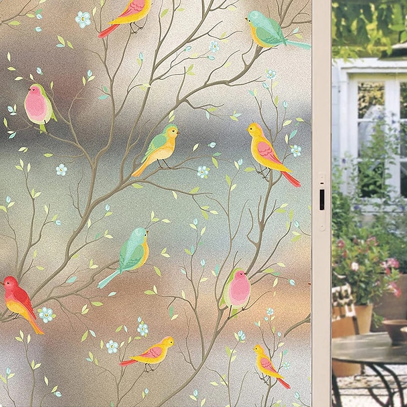 Glass Window Film Cartoon Twig Bird Frosted Static Privacy Decoration Self Adhesive for UV Blocking Heat Control Glass Window Stickers 100X45CM
