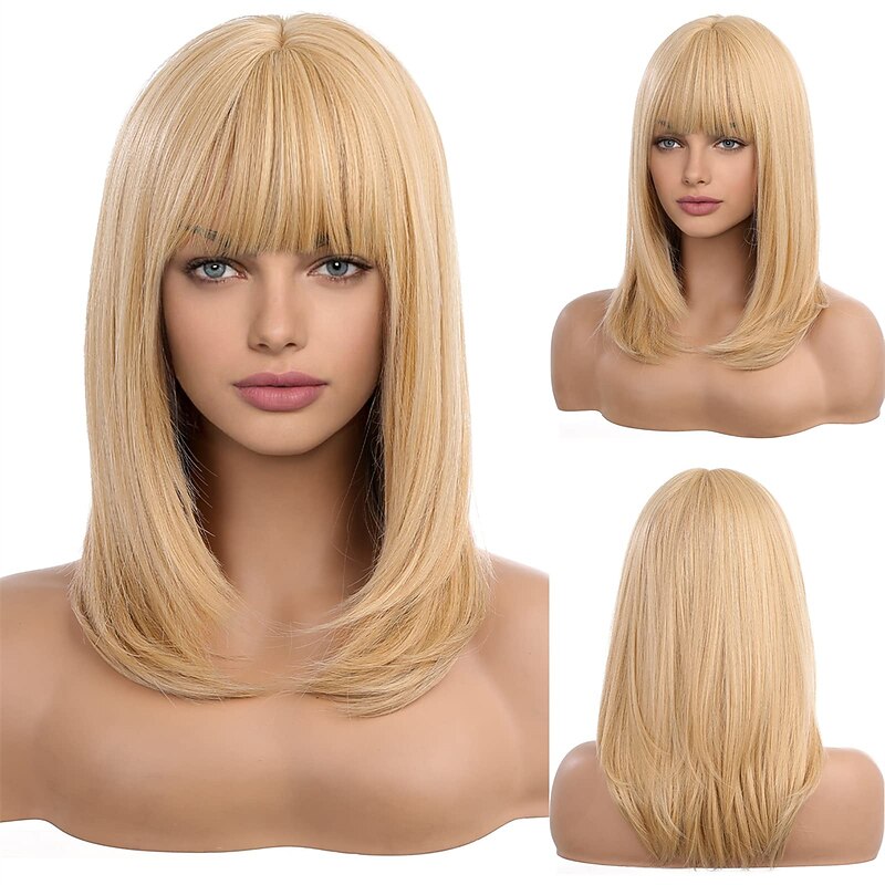 Long Blonde Wigs for Women Layered Ombre Hair wig with Neat Bangs barbiecore Wigs