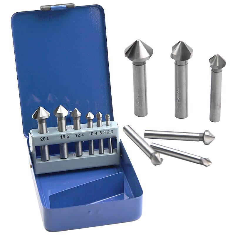 Round Shank 6pcs/Set 3 Flute HSS Hard Metals Three Edge Chamfer Chamfering End Mill Cutter Bit Countersink Drill Bit Iron Box Packaging4