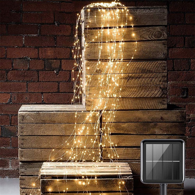 Solar Firefly Bunch Garden Lights Outdoor Waterfall String Lights 2M 180LEDs with 8 Flashing Modes for Patio Wedding Party Decoration Christmas Tree EL 5mm Warm White Cold White Blue Copper Wire Lights Waterproof Solar Powered