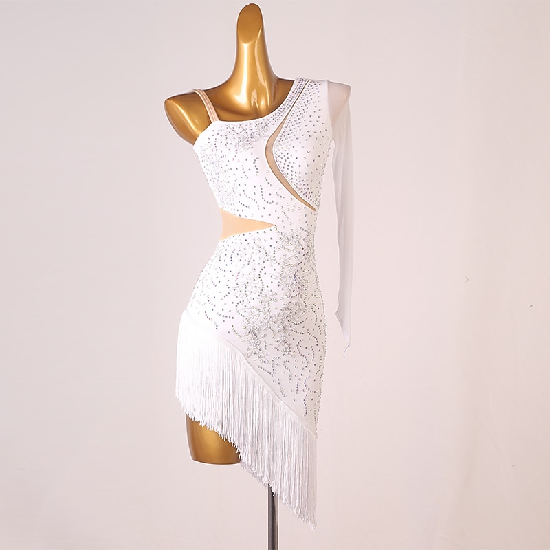 Dance Salsa Latin Dance Dress Fringed Tassel Split Joint Crystals / Rhinestones Women's Performance Training Long Sleeve Chinlon Mesh2