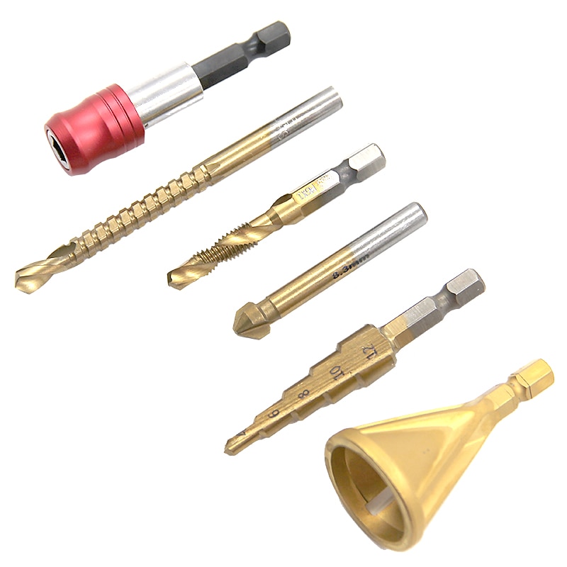 Drilling Chamfering Tapping 6pc Transparent Plastic Box Sawtooth Woodworking Hole Opening Pagoda Drill Quick Release Rod Set3