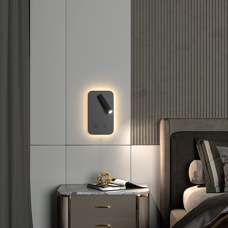 9W Modern LED Wall Sconce Indoor Wall Light LED Reading Spotlight with Switch 350 Swivel 2 in 1 5W Wall Spotlight LED Wall Lamp for Bedroom Bedside Living Room Study Room