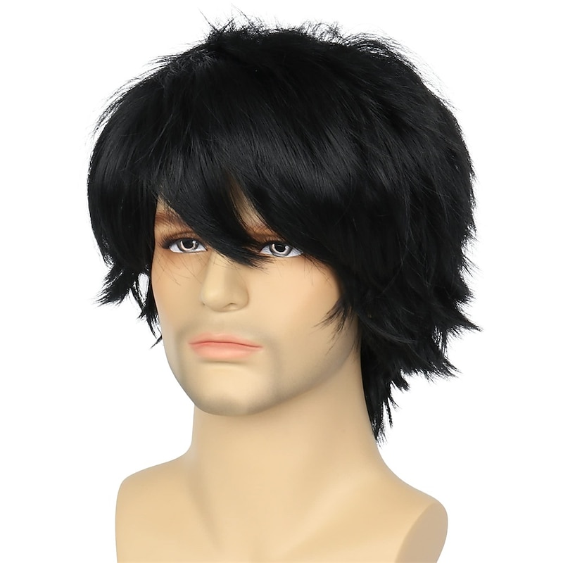 Short Black Emo Cosplay Wig Black male wig Men Women Layered Anime Halloween Wig