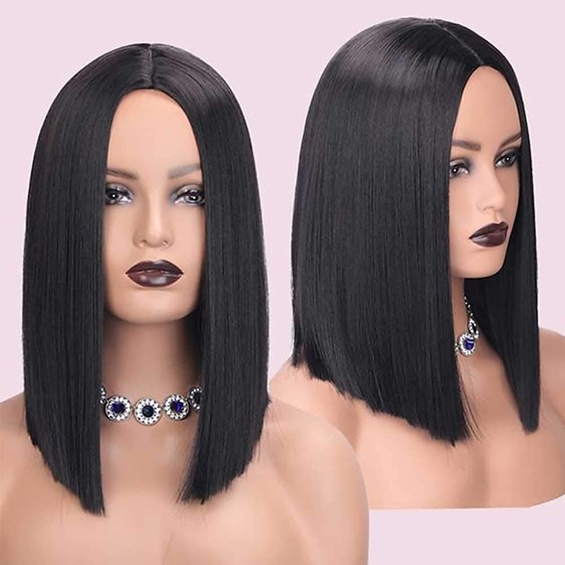 Hair Black Shoulder Length Wig for Women 14 Inch Straight Bob Wigs Synthetic Wig Middle Part Wig Heat Resistant Wigs